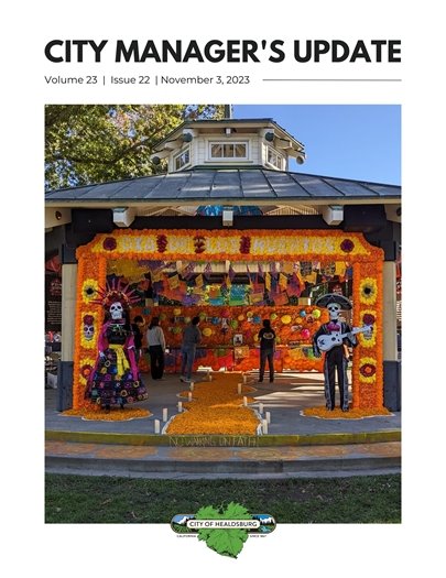 The Cover page of the City Manager's Update. Orange Flowers on a gazebo with people
