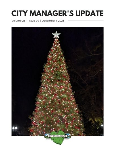 The cover of the Healdsburg City Manager's Update. A green Christmas tree with lights on it.