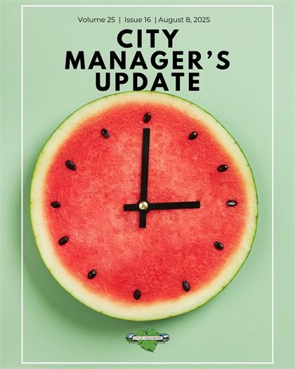 The cover of the Healdsburg City Manager's Update. Half of a watermelon with a clock face.