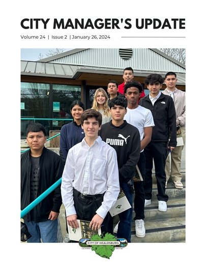 The cover of the Healdsburg City Manager's Update. A group of young adults standing on a stair case.