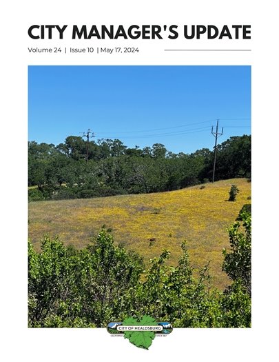 The cover of the Healdsburg City Manager's Update. A field of yellow grass